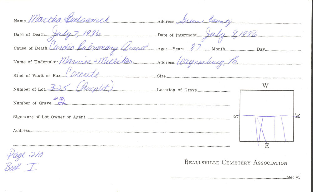 Martha Bedsworth  burial card